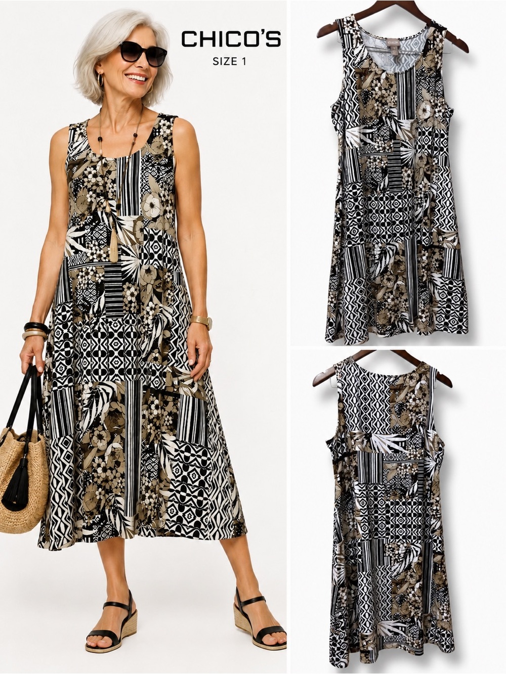 Chico's | NWOT Black White Patchwork Floral Geometric Midi Dress (size 1/US 8-10